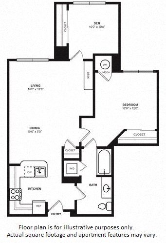 Floor plan for 1 bed, 1 bath, 932 sqft